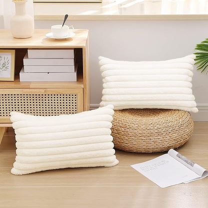 Pallene Faux Fur Plush Lumbar Christmas Throw Pillow Covers 12x20 Set of 2, Luxury Soft Fluffy Striped Decorative Pillow Covers for Sofa, Couch, Living Room, Cream White