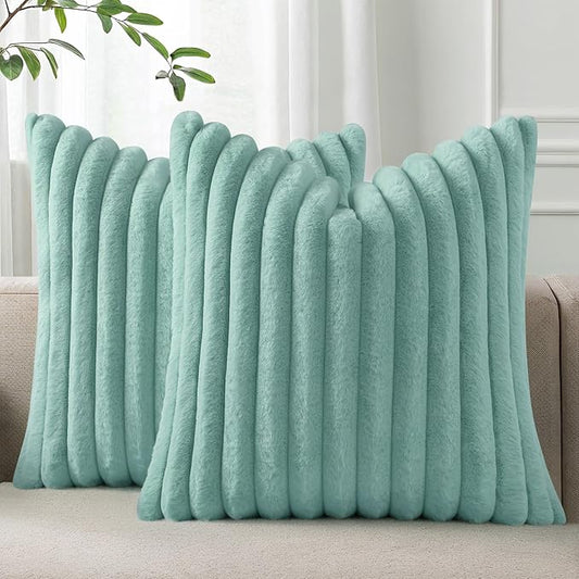 Pallene Faux Fur Plush Throw Pillow Covers 24x24 Set of 2, Luxury Soft Fluffy Striped Decorative Pillow Covers for Sofa, Couch, Living Room, Aqua