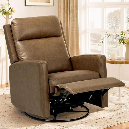 Swivel Rocking Recliner,Wide PU Leather Glider Sofa Chair with Ergonomic High Backrest for Bedroom,Living Room（ Brown）