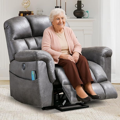 Large Power Lift Recliner Chair with Massage and Heat for Elderly, Faux Leather Electric Lifting Recliners with USB Port, Overstuffed Wide Reclining Sofa Chairs for Living Room, Grey