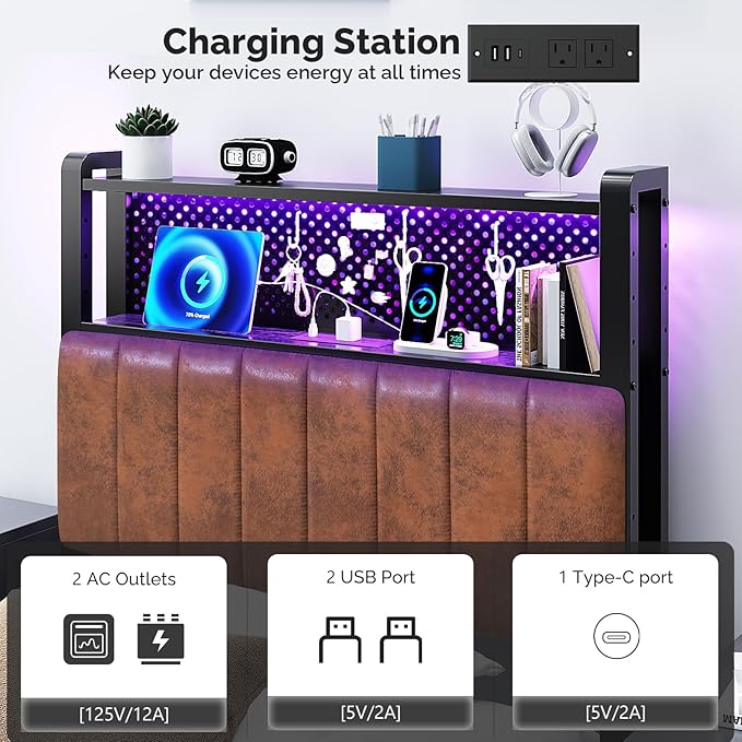 VINGLI Twin or Twin XL Size Headboard, Adjustable Upholstered Headboard with 2 Tier Shelves and Pegboard with Charging Stations and LED Lights, Modern Bed Headboard with Storage for Bedroom Decor