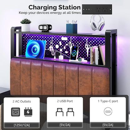 VINGLI Twin or Twin XL Size Headboard, Adjustable Upholstered Headboard with 2 Tier Shelves and Pegboard with Charging Stations and LED Lights, Modern Bed Headboard with Storage for Bedroom Decor