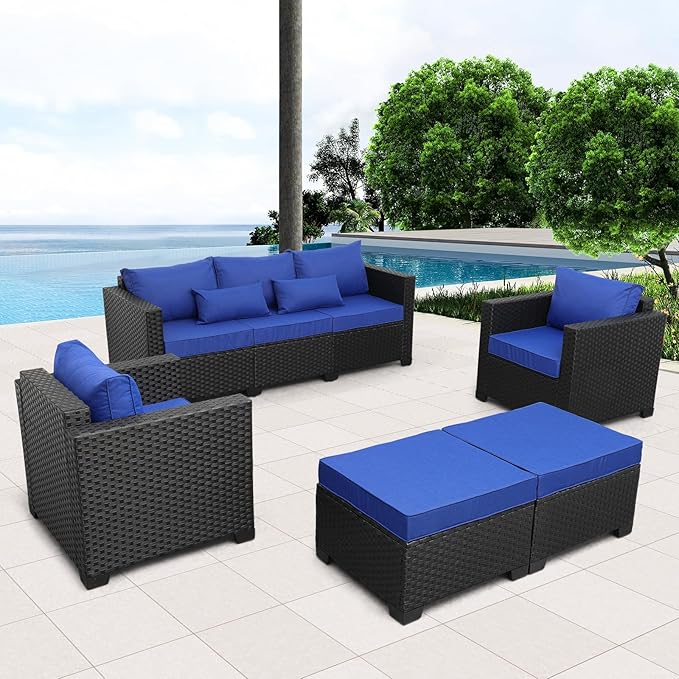 Rattaner Outdoor Wicker Furniture Couch Set 5 Pieces Patio Furniture Sectional Sofa with Royal Blue Cushions and Waterproof Covers