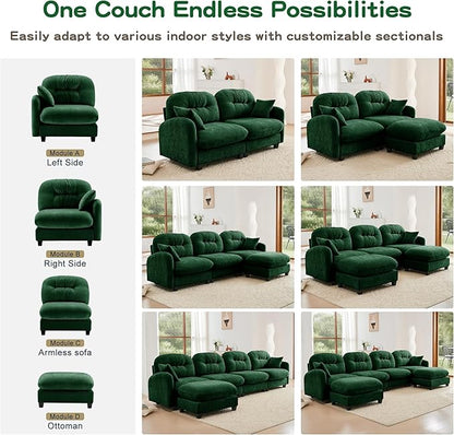 140" 4 Seater Couch for Living Room, Comfy Chenille Fabric Cloud Sectional Couch, Modern Upholstered Deep Seat Sofa with Armrest Pillow, Oversized Sectional Sofa, Green