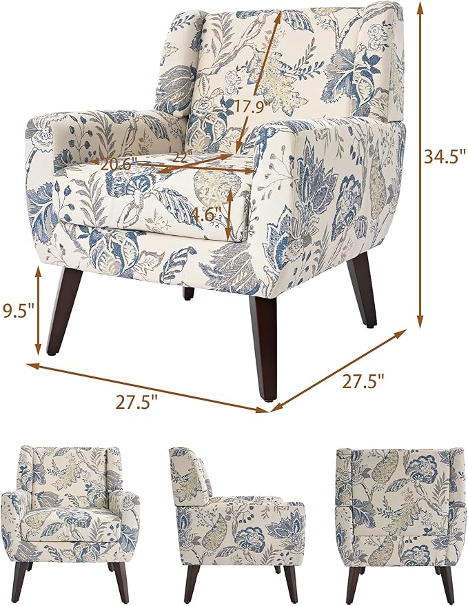 Accent Chair, Modern Linen Blend Arm Chair for Living Room, Bedroom, Comfy High-Resilient Sponge Reading Chair for Small Spaces (Pattern Leaf, Set of 2)