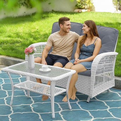 VIVIJASON 2-Piece Patio White Wicker Loveseat Glider Set Cushioned, Outdoor Conversation Furniture Sets with 2-Seater Glider Rocking Bench, Coffee Table and Cushions for Porch Garden Poolside, Grey