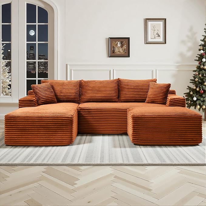 108" Cloud Sectional Couch,Modern Modular Sectional Sofa with Deep Seat,Corduroy Boneless Couches with L-Shape Chaise for Living Room,No Assembly Required (Orange, Right Facing Chaise + Ottoman)