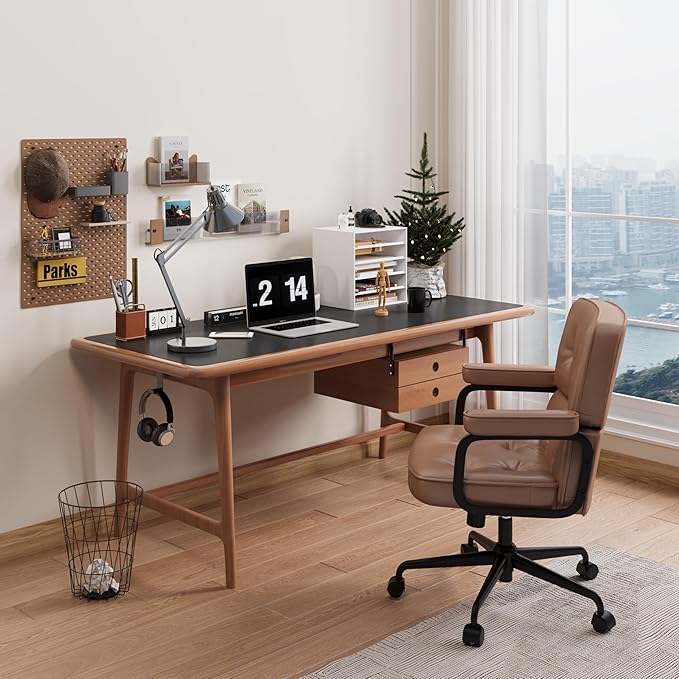 Brown Office Chair, Modern Leather Desk Chair with Wheels and Arms, Adjustable Height, Comfy Wide Desk Chair with Lumbar Support