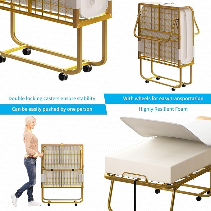 Mjkone Folding Bed with 5" Memory Foam Mattress & Upgraded 75x38 Frame Single Portable Guest Bed, Space-Saving Design, Lockable Wheels for Easy Moving, Quick Assembly & Compact Storage-Gold