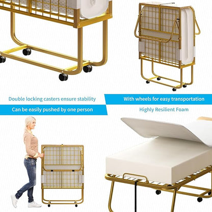Mjkone Folding Bed with 5" Memory Foam Mattress & Upgraded 75x45 Frame Single Portable Guest Bed, Space-Saving Design, Lockable Wheels for Easy Moving, Quick Assembly & Compact Storage-Gold