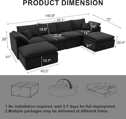 143" Cloud Sectional Couch, Boneless couches for Living Room，U Shaped Couch with Convertible Ottoman, Modular Sectional Sofa with Deep Seat, Comfy Soft Cushions, No Assembly, Black