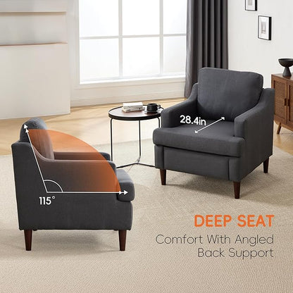 Mid-Century Accent Chair Modern Linen Fabric Armchair for Living Room,Comfy Upholstered Reading Chairs for Bedroom,Single Sofa Chair with Wood Legs (Darkgrey, Set of 2)