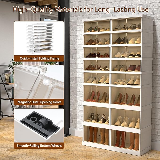 Collapsible Shoe Storage Organizer: Stackable and Large Plastic Foldable Shoe Cabinet Organizer with Magnetic Clear Door - Sneaker Boots Shoes Boxes Shoes Rack for Entryway Closet