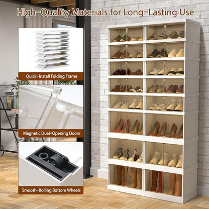 Collapsible Shoe Storage Organizer: Stackable and Large Plastic Foldable Shoe Cabinet Organizer with Magnetic Clear Door - Sneaker Boots Shoes Boxes Shoes Rack for Entryway Closet