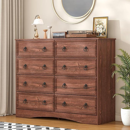 8 Drawer Dresser for Bedroom, Large Dressers Mid Century Modern Cherry Wood Chest of Drawers,Storage Organizer Furniture, Hallway, Entryway, Closet, Cherry Wood