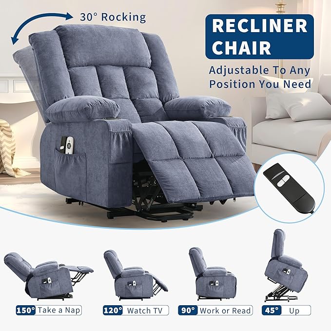 Large Power Lift Recliner Chair for Elderly Overstuffed Wide Electric Lift Chair with Heat and Massage for Big and Tall Adults Reclining Sofa Chair with 2 Cup Holders, Side Pocket, USB Port, Blue