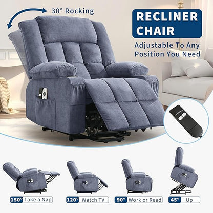 Large Power Lift Recliner Chair for Elderly Overstuffed Wide Electric Lift Chair with Heat and Massage for Big and Tall Adults Reclining Sofa Chair with 2 Cup Holders, Side Pocket, USB Port, Blue