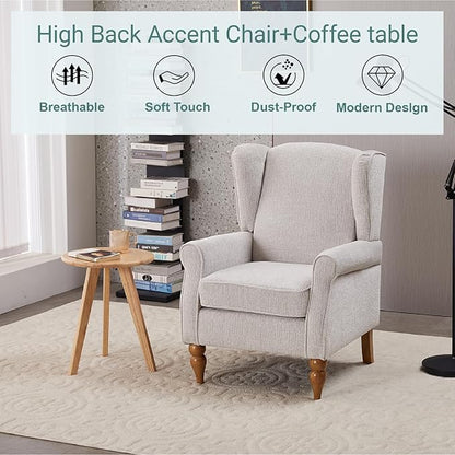 Modern High - Back Accent Chair and Side Table Set - Upholstered Wingback Armchair for Living Room, Bedroom,Office(Beige)