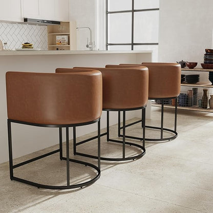 PU Leather Bar Stools Set of 3, Modern Upholstered Counter Height Bar stools 24" Leather Barstools Barrel Kitchen Counter Island Stools with Black Metal Base, Brown