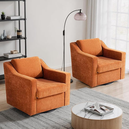 UIXE Swivel Accent Chairs Set of 2, Chenille Upholstered Arm Chair for Living Room, Modern Club Armchair Comfy Single Sofa Bedroom Reading Seat with Lumbar Pillow - Orange