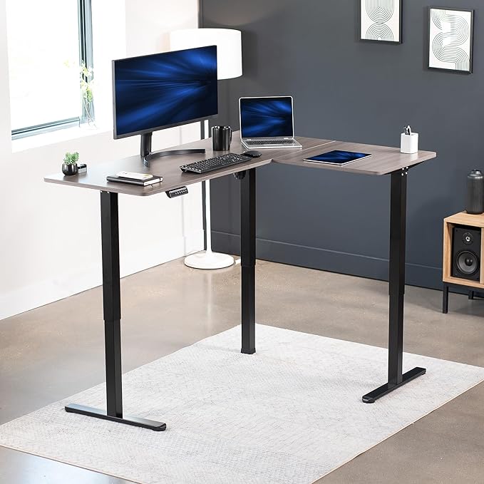 VIVO Corner Standing Desk, 63 x 47 inch Reversible L-Shaped Workstation, Electric Height Adjustment, Home, Office, and Reception Rooms, Dark Gray Table Top Black Frame, DESK-E3CTG-47