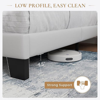 SHA CERLIN King Platform Bed Frame with Velvet Upholstered Headboard, Mattress Foundation with Strong Wooden Slats Support, No Box Spring Needed, White