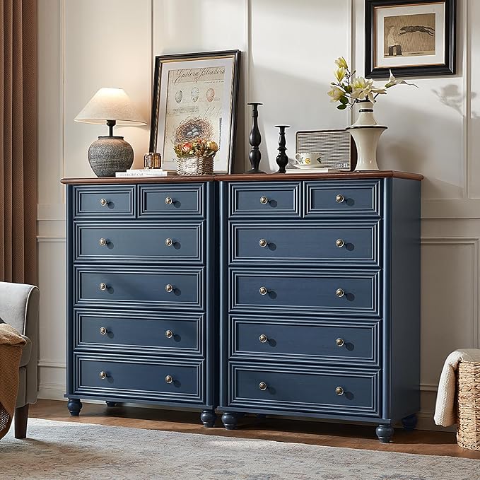 Farmhouse Dressers and Night Stand Set of 3, Wood 43.5'' Tall Dresser and 18'' Wide Chest of Drawers, Roman Column Nightstand Set of 2, Bedroom Furniture Dresser Suites for Living Room, Hallway, Home