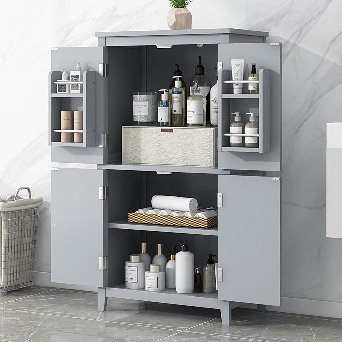 Tall Storage Cabinet, Bathroom Floor Freestanding Storage Cabinet with 2 Double-Door and Adjustable Shelves for Bathroom, Office, Living Room, Grey