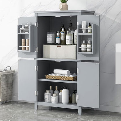 Tall Storage Cabinet, Bathroom Floor Freestanding Storage Cabinet with 2 Double-Door and Adjustable Shelves for Bathroom, Office, Living Room, Grey