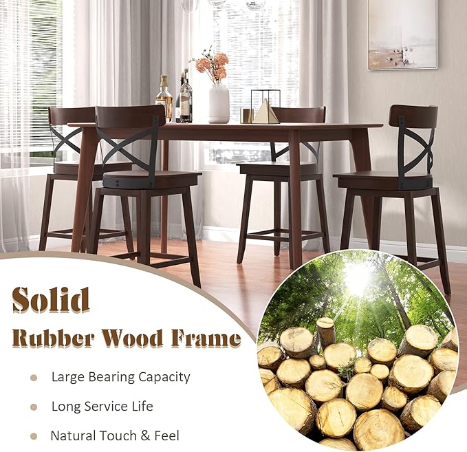 COSTWAY Swivel Bar Stool Set of 4, 24 Inch Ergonomic Counter Height Chairs with Open X Back & Footrest, 4PCS Vintage Wooden Barstools for Kitchen Island, Pub, Bistro, Café, Brown (4, 24 inch)