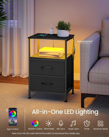 SONGMICS BELLAH Collection - Nightstand with Charging Station and App-Controlled Adjustable LED Lights, Bed Side Table, 2 Drawer and 1 Open Shelf, Bedroom, Ink Black and Ebony Black ULGS302BH01S