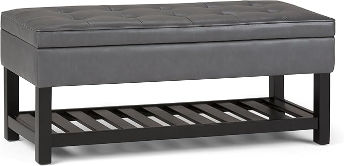 SIMPLIHOME Cosmopolitan 44 inch Wide Transitional Rectangle Storage Ottoman Bench with Open Bottom in Stone Grey Vegan Faux Leather, Assembled for the Living Room and Bedroom