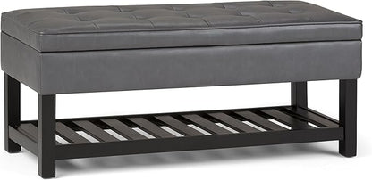 SIMPLIHOME Cosmopolitan 44 inch Wide Transitional Rectangle Storage Ottoman Bench with Open Bottom in Stone Grey Vegan Faux Leather, Assembled for the Living Room and Bedroom