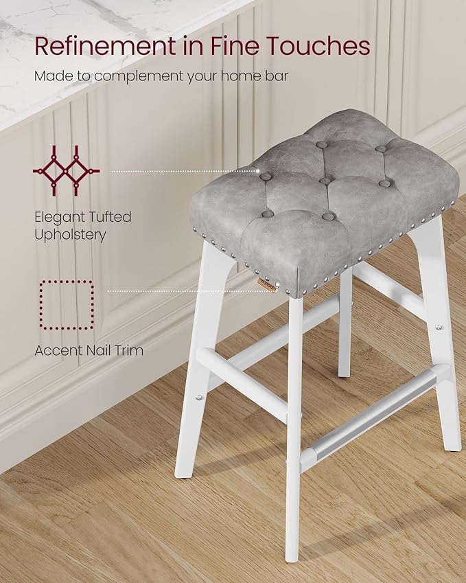 VASAGLE Bar Stools Set of 2, Saddle Counter Height Bar Stools, 26-Inch Backless Kitchen Stools with Wood Legs, PU Leather Thickened Upholstered Barstools for Kitchen Island Dining Room, Dove Gray