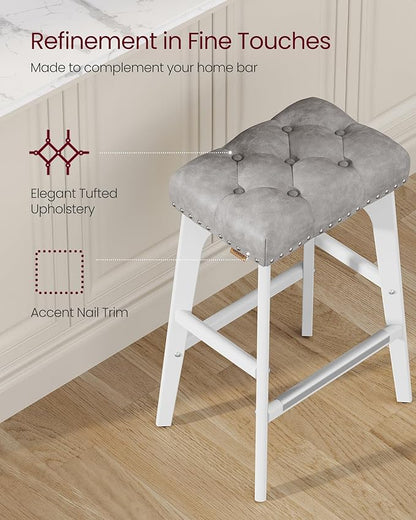 VASAGLE Bar Stools Set of 2, Saddle Counter Height Bar Stools, 26-Inch Backless Kitchen Stools with Wood Legs, PU Leather Thickened Upholstered Barstools for Kitchen Island Dining Room, Dove Gray