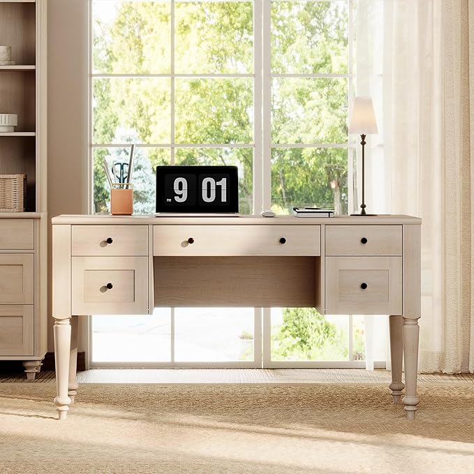 WAMAPT Farmhouse Executive Desk with 5 Drawers, Home Office Desk with Charging Station, Wood Computer Desk with File Cabinet Storage, Door, Open Shelf for Work and Study, Light Oak, 55 inch