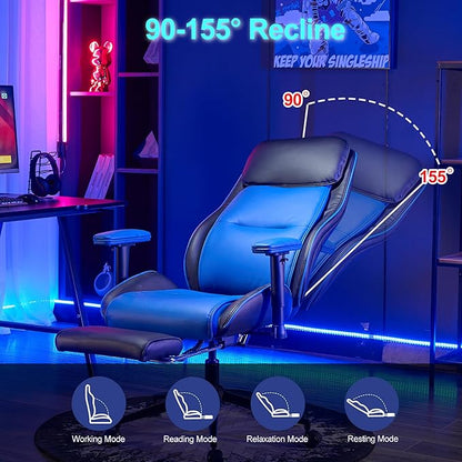 Ergonomic Home Office Chair with Footrest,Modern Faux Leather Reclining Chair,High Back Video Game Executive Computer Chairs with Adjustable Armrest & Lumbar Support,360°Swivel (Blue)