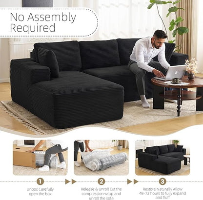 107" Boneless Couch, Sectional Couchs for Living Room & Bedroom, Cloud Couch with L-Shape Chaise Modern Modular Sofa with Deep Seat, No Assembly Required (Jet Black)