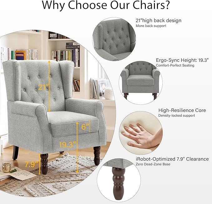 Lumibee High Back Accent Chair,Upholstered Wingback Armchair with Solid Wood Legs for Small Spaces,Comfy Single Sofa Chair for Living Room,Bedroom,Office-Light Gray