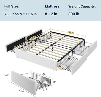 Allewie Full Size Bed Frame with 4 Oversized Storage Drawers, Soft Teddy Fabric, Boucle Upholstered Platform Bed, Wooden Slats Support, Noise-Free, No Box Spring Needed, Easy Assembly, White