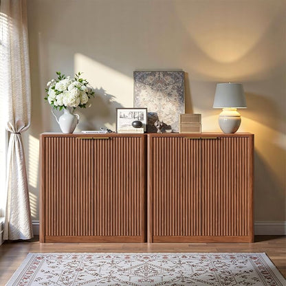 Evermagin 31.5" Walnut Buffet Cabinet with Storage, Small Sideboard Cabinet, Mid Century Modern Accent Credenza, Fluted Console Table with Doors for Dining Room, Kitchen, and Living Room
