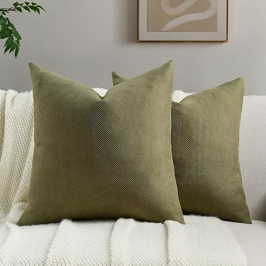 FUTEI Olive Green Chenille Throw Pillow Covers 20x20 Inch Set of 2,Soft Wide Chevron Textured Cushion Case,Farmhouse Home Decor for Couch Bed Living Room