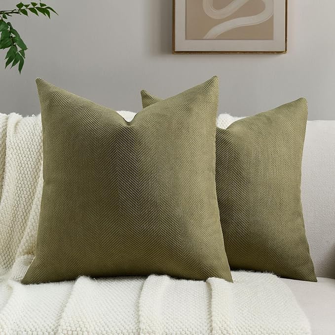 FUTEI Olive Green Chenille Throw Pillow Covers 24x24 Inch Set of 2,Soft Wide Chevron Textured European Pillow Shams,Farmhouse Home Decor for Couch Bed Living Room