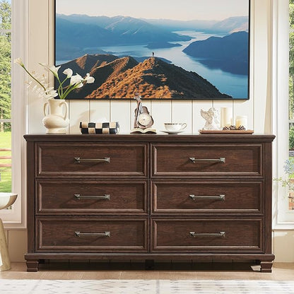 Farmhouse Bedroom Dresser and Nightstand Set of 4, 6 Drawer Low & 5 Drawers Dresser & 3 Drawer Nightstand Set with Wooden Legs, Rustic Wood Bedroom Furniture for Livingroom, Hallway, Walnut