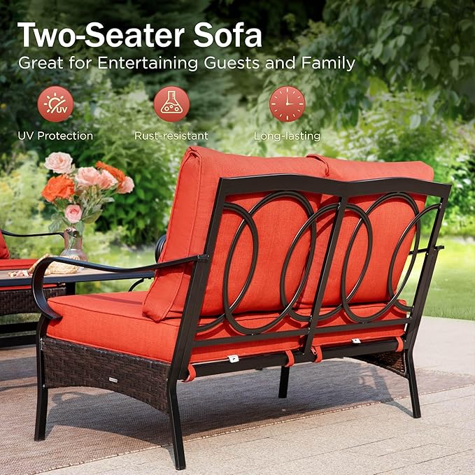 Patio Furniture Set with 56" Fire Pit Table, Premium Outdoor Wicker Metal Frame Furniture with Upgraded Waterproof Thick Cushions for Porch, Poolside, Deck, and Yard
