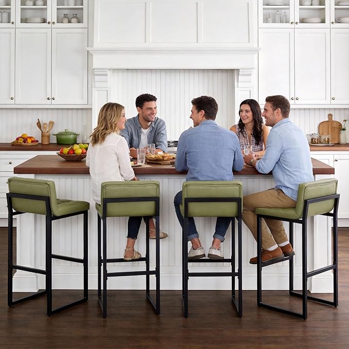 Set of 4 Bar Stools, Upholstered Bar Height Barstools with Low Back and Thickened Metal Frame, Modern Tall Bar Chairs for Kitchen Island, Bar, Counter (Avocado Green, 4Pcs 30" Bar Stools)