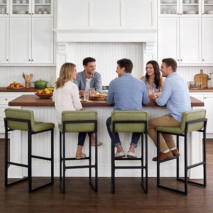 Set of 4 Bar Stools, Upholstered Bar Height Barstools with Low Back and Thickened Metal Frame, Modern Tall Bar Chairs for Kitchen Island, Bar, Counter (Avocado Green, 4Pcs 30" Bar Stools)