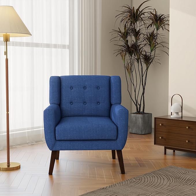 Accent Chair, Mid-Century Modern Fabric Chairs with Arms for Living Room, Comfy Upholstered Club Single Sofa Armchair for Bedroom Waiting Room with Solid Wood Frame (Fabric Navy Blue, Set of 2)