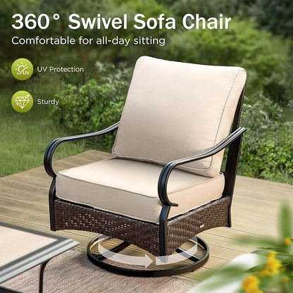 Patio Furniture Set with 32" Fire Pit Table, Patio Conversation Sets 4 Swivel Chairs with Thick Cushion and 50000 BTU Fire Pit Table (5 Pieces,Beige)
