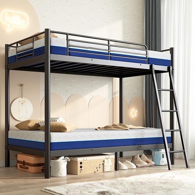 SDHYL Twin Over Twin Bunk Bed with Two Mattresses, All-in-One Metal Bunk Bed Set for Adults, Heavy Duty Sturdy Frame, 6 Inch Twin Memory Foam Mattresses Included, Idea for Dorms & Small Rooms